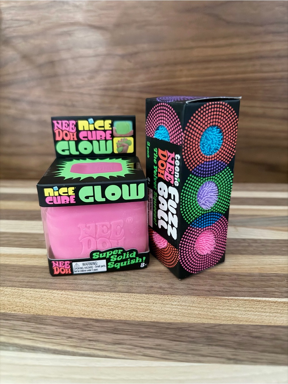 Bundle of 2 NeeDoh - Glow Nice Cube and Teenie Fuzz Balls